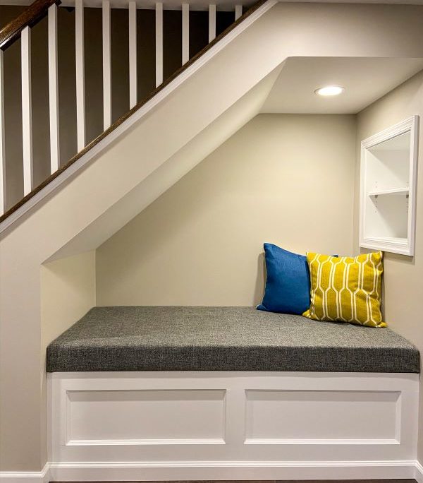 finished basement cubby under stairs