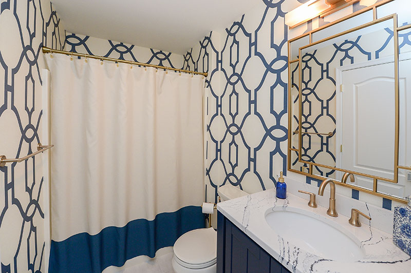 Hall Bathroom With Eclectic Wallpaper Pattern in South Jersey