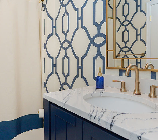 Hall Bathroom With Eclectic Wallpaper Pattern in South Jersey