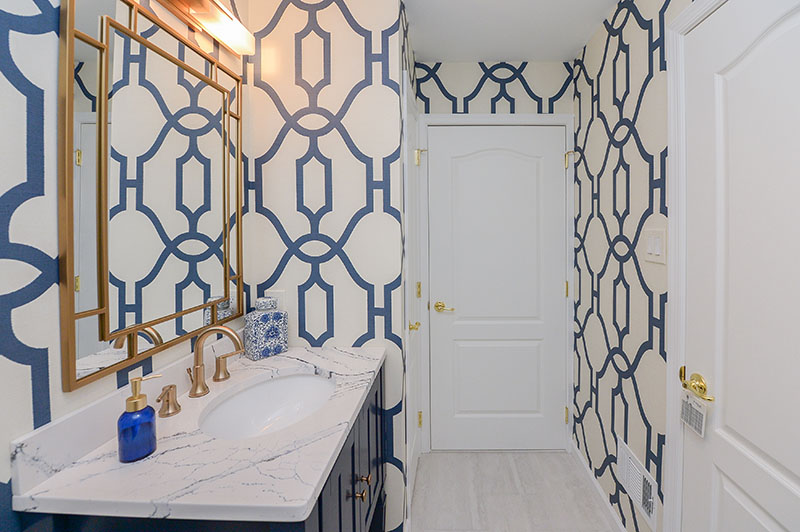 hall bathroom eclectic wallpaper looking towards door