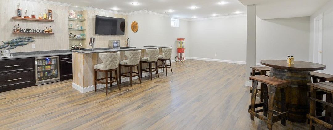 finished basement bar with recessed lighting