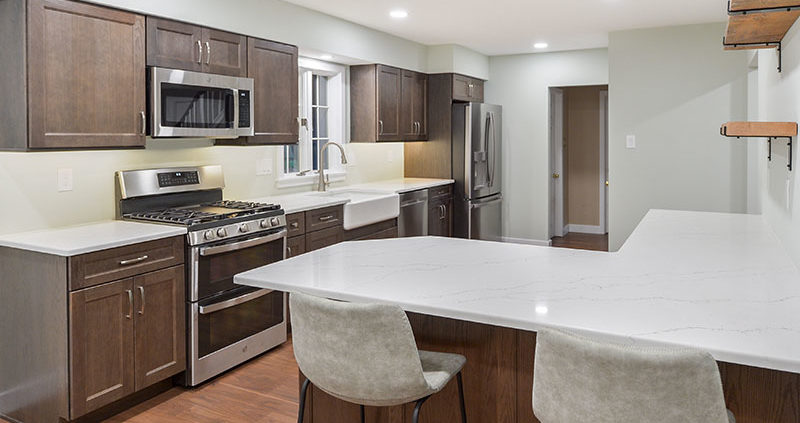 modern kitchen remodel with peninsula and open shelving