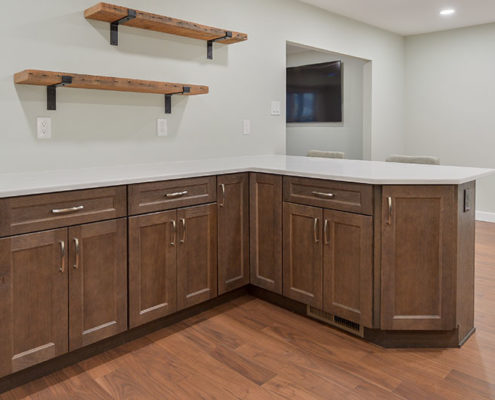 modern kitchen remodel with peninsula and open shelving