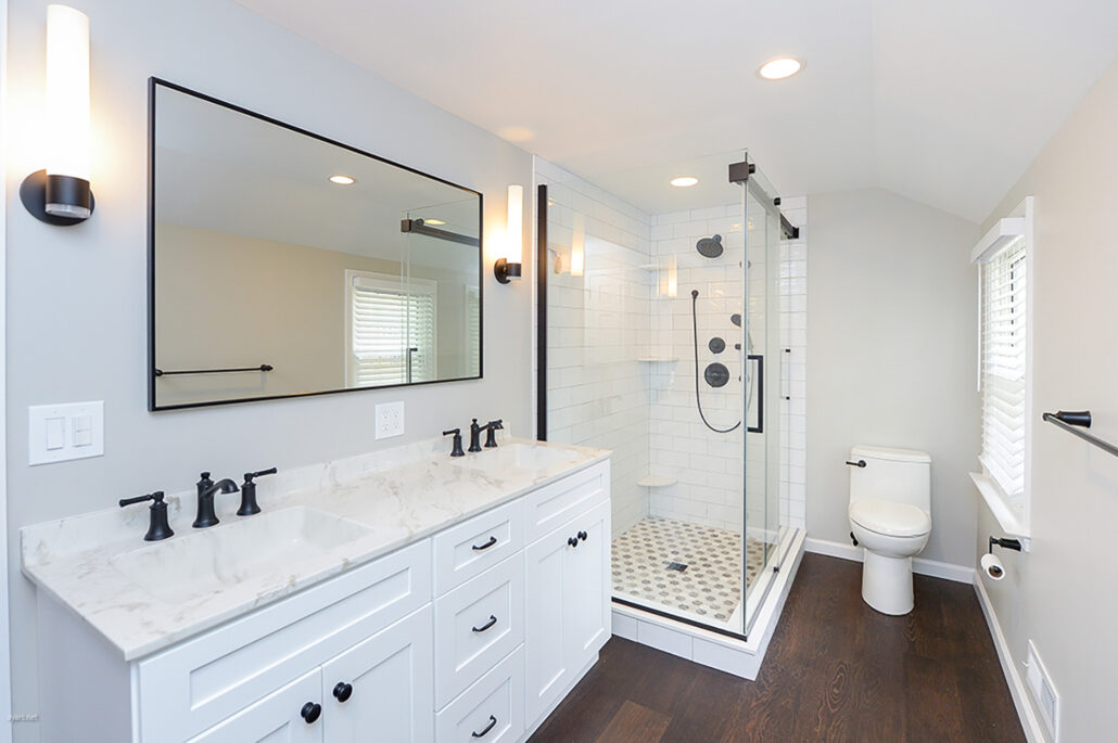 Master bathroom remodel, wooden floors, white counters, shower stall