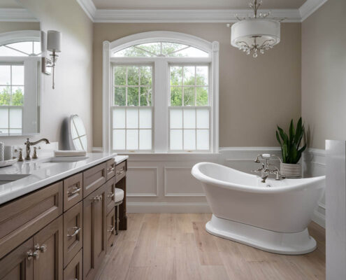 clarksboro bathroom stand alone white tub and light wooden cabinets