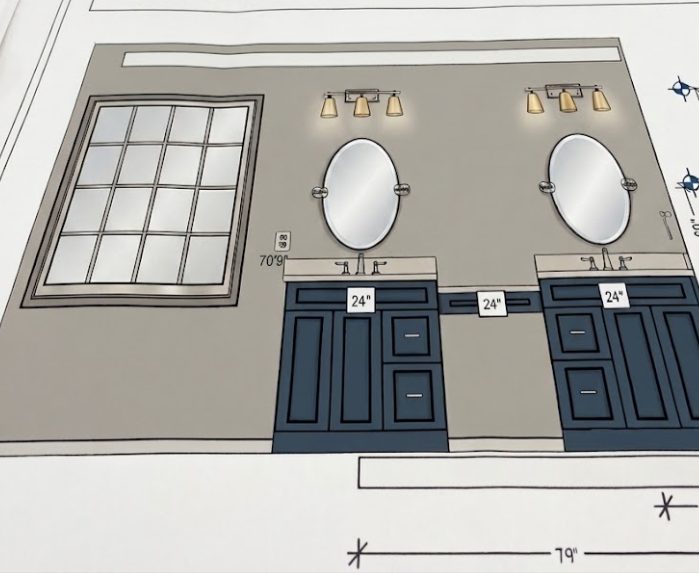 Bathroom elevation drawing showing a double vanity layout with measurements